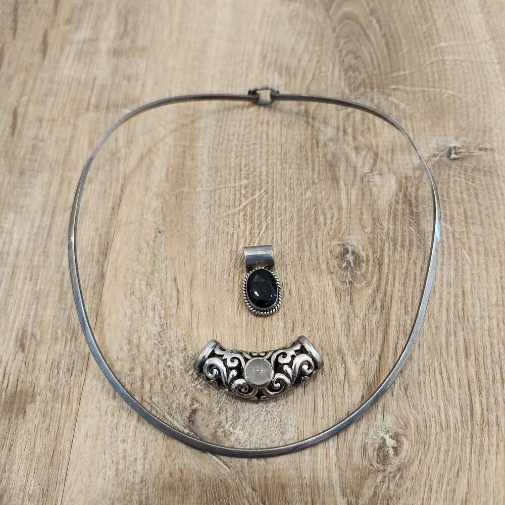 STERLING SILVER Oval Onyx + Filigree Moonstone Pendant & Choker 31.1g Mexico 925